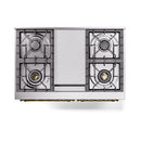 Stainless burner grates and central panel on burgundy dual-fuel range, top view