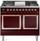 Burgundy ILVE dual fuel range with copper trim, dual oven doors and control knobs