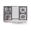 Burgundy dual fuel gas range top with four burners and center control panel