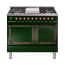 ILVE emerald gas dual fuel range with bronze-trim control knobs and solid door ovens