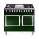 Emerald green dual fuel gas range, four burners and two oven doors with knobs
