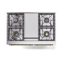 Dual-fuel gas range cooktop with four burners and centered control panel, stainless frame