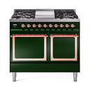 ILVE emerald green dual fuel range with two solid oven doors and copper trim