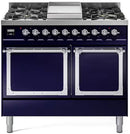 Midnight blue dual-fuel gas range with chrome trim, knobs, and two solid oven doors
