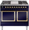 ILVE Nostalgie II Noblesse 40-Inch 4.3 Cu. Ft. Dual Oven Propane Gas Dual Fuel Range with 6 Burners, Griddle and Solid Door in Midnight Blue with Brass Trim (UND40FQNMPMBGLP)