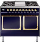 Midnight blue gas dual-fuel range with brass-trimmed solid oven doors, control panel