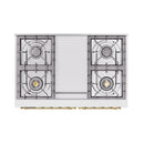 Dual-fuel range cooktop with four burners and brass control knobs