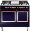 Midnight blue dual fuel range with copper-trimmed ovens and control knobs