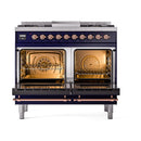 Midnight blue range with two open ovens showing racks and interior fans