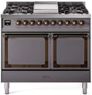 Matte graphite dual fuel gas range with bronze knobs and solid door oven, front view