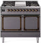 ILVE Nostalgie II Noblesse 40-Inch 4.3 Cu. Ft. Dual Oven Propane Gas Dual Fuel Range with 6 Burners, Griddle and Solid Door in Matte Graphite with Burnished Bronze Trim (UND40FQNMPMGBLP)