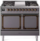 Matte graphite dual-fuel range with bronze trim, control knobs and two solid oven doors
