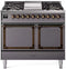 ILVE Nostalgie II Noblesse 40-Inch 4.3 Cu. Ft. Dual Oven Natural Gas Dual Fuel Range with 6 Burners, Griddle and Solid Door in Matte Graphite with Bronze Trim (UND40FQNMPMGB)