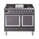 ILVE dual fuel range in matte graphite with chrome-trimmed solid doors, gas burners