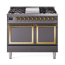 Matte graphite range with four burners and dual solid oven doors, brass trim handles