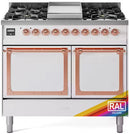 Freestanding gas dual-fuel range with two oven doors, copper trim, and control knobs