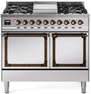 Stainless steel dual-fuel range with two solid oven doors and bronze trim
