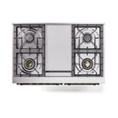 Stainless steel cooktop with burners, grates, and bronze control knobs.