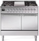 40-inch stainless steel dual fuel gas range with chrome-trim twin oven doors