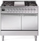 Stainless steel dual-fuel range with control knobs and solid door ovens, chrome trim