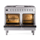 Stainless steel dual fuel gas range with two open solid-door ovens and burners
