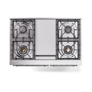 Dual-fuel range cooktop with four burners, metal grates, and central front panel