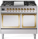 Stainless steel dual-fuel gas range with brass-trimmed control panel and two solid oven doors