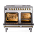 Stainless steel range with open dual ovens and brass door handles