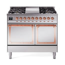 Stainless steel dual-fuel gas range front view with control knobs and two closed oven doors