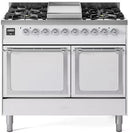 White dual-fuel gas range with four burners and two solid oven doors, chrome trim