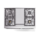 White gas range cooktop with four burners and a central griddle panel