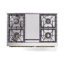 Stainless cooktop of the dual-fuel range with four burners and a central griddle panel