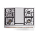 White cooktop with four black gas burners, cast grates, and central control panel
