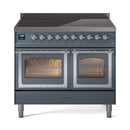 Front view of blue-gray induction range with two glass oven doors and chrome trim