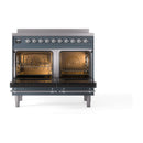 Induction range with both oven doors open, racks visible through glass windows