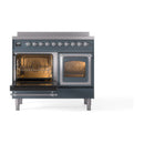Blue-gray induction range with left oven open and right glass oven door closed