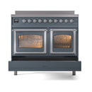 Blue-gray induction range with two closed glass oven doors and chrome control knobs