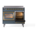 Blue grey induction range with right door open and left door closed, brass trim and window glass