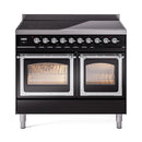 Glossy black induction range with two lit oven windows and control knob panel