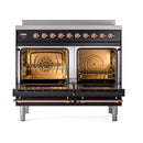 Glossy black induction range with both oven doors open, copper interiors, and racks