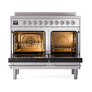 Stainless steel induction range with both ovens open and chrome racks