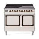 Antique white induction range front with bronze knobs and two oven doors