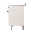 Antique white oven side panel detail with bronze corner hardware and leveling legs