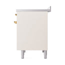 Antique white oven range side panel with brass accents and four adjustable feet