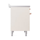 Antique white induction range side panel with copper detail and four leveling feet