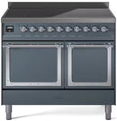 Blue grey induction range with two solid door ovens and chrome-trim controls