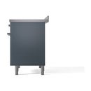 Blue grey solid oven door panel with chrome hinges and corner trim