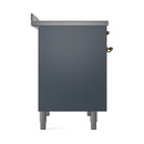 Blue-grey range back panel with brass hinges and four leveling feet