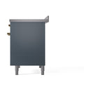 Blue-grey range side panel with brass hinges and four leveling feet
