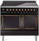 Black induction range with bronze-trim knobs and double solid oven doors, front view